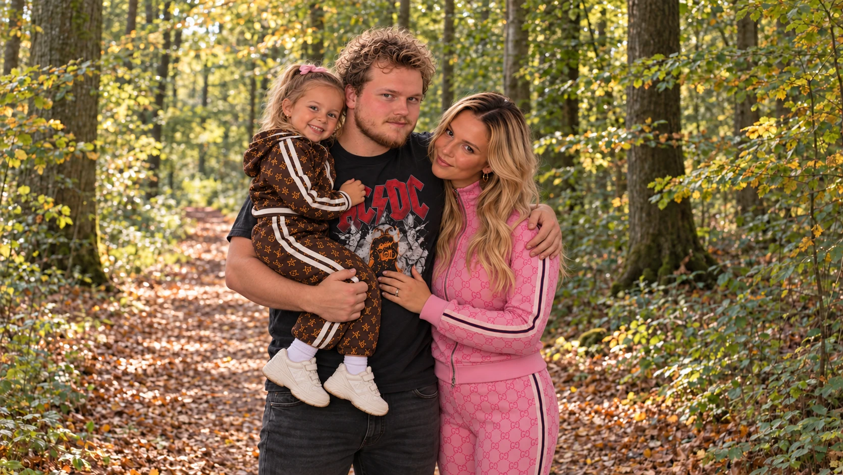 LIVA samen met haar producer en man Gijs en hun dochtertje Leetje op een bospad