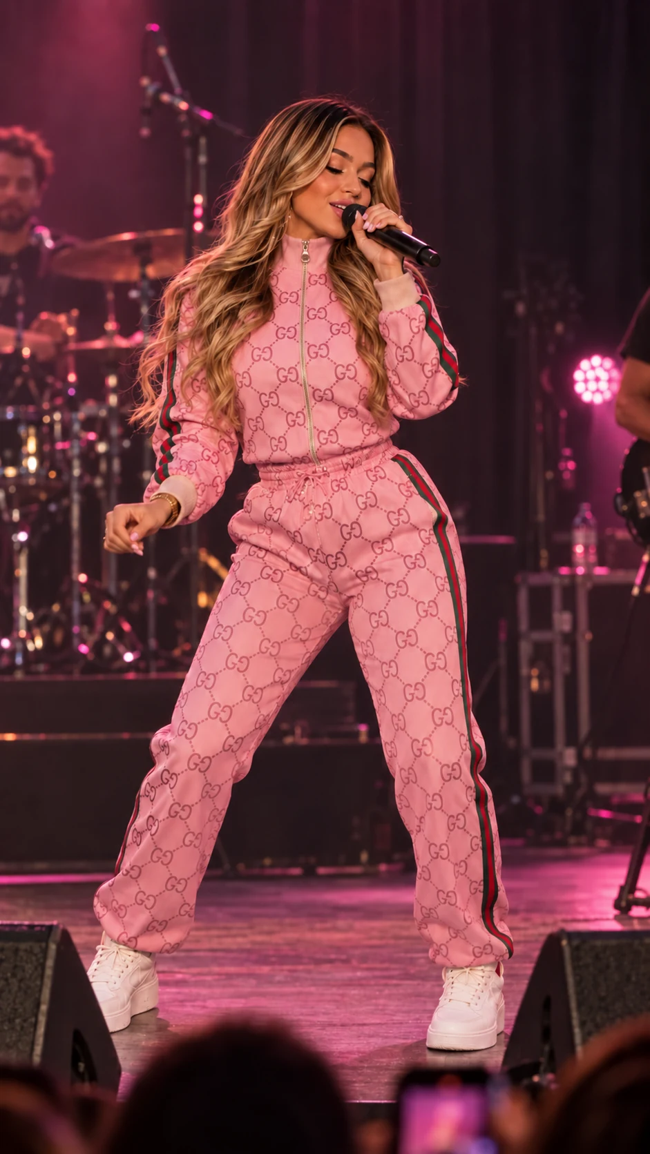 LIVA zingt op een podium in haar roze Gucci-trainingspak